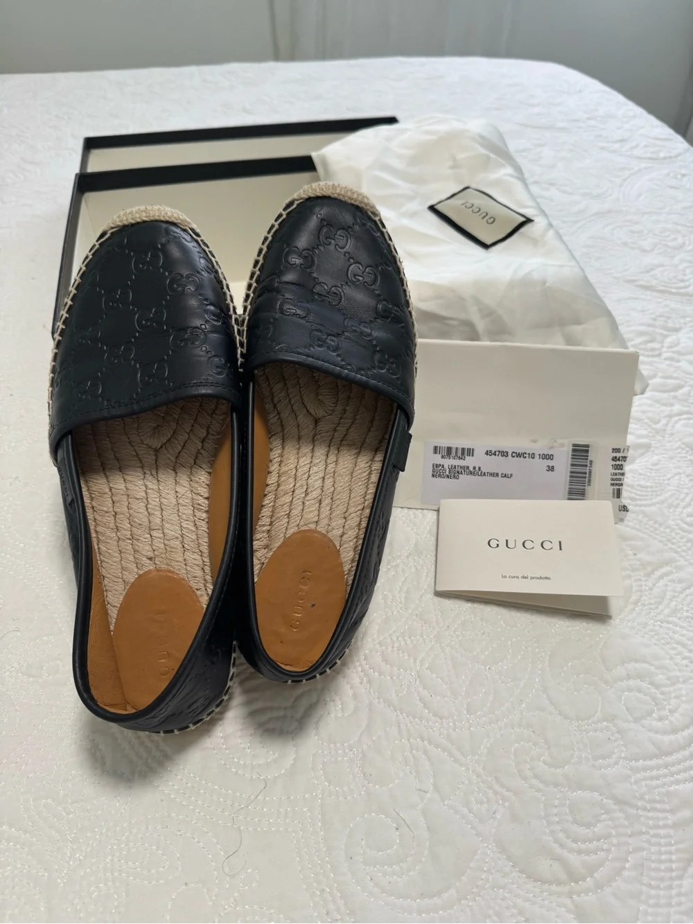 Gucci Black Leather Embossed Espadrille Flats